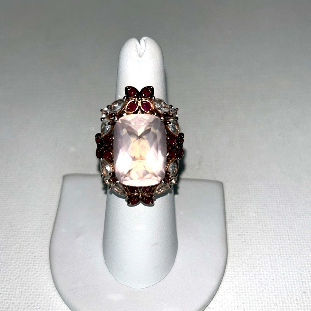 NWT Genuine Rose Quartz Garnet White Topaz Gemstone Rose Gold Plate 925 Ring